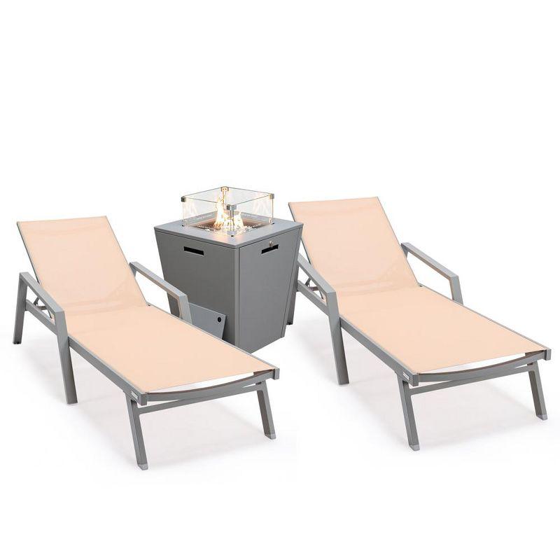 Light Brown Aluminum Outdoor Chaise Lounge Set with Fire Pit Table