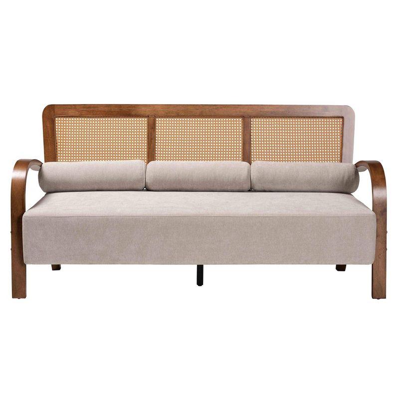 Baxton Studio Sage Fabric and Wood Sofa with Woven Rattan Light Gray/Walnut Brown/Natural Brown