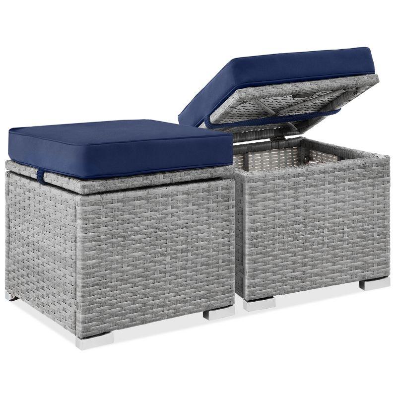 Gray and Navy Wicker Outdoor Ottomans with Cushions and Storage