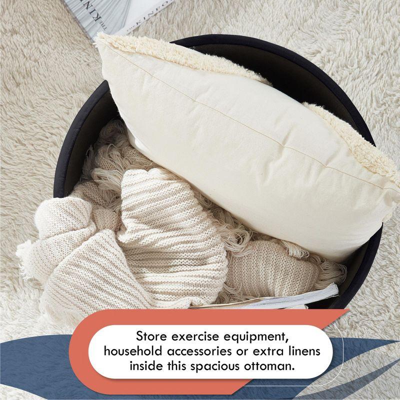 Ornavo Home Velvet Upholstered Round Tufted Storage Ottoman with Wooden Legs - Black