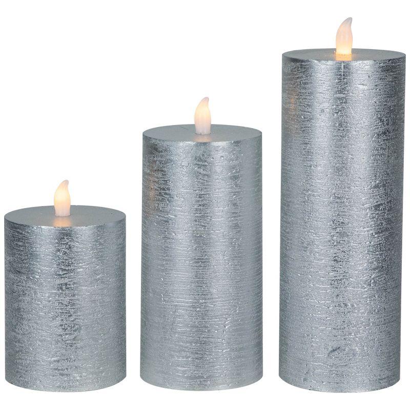 Northlight Flameless Flickering LED Wax Pillar Candles - 8" - Brushed Silver - Set of 3
