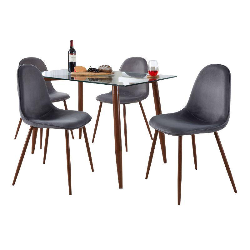 5-Piece Clear Glass Top Dining Set with Gray Velvet Chairs