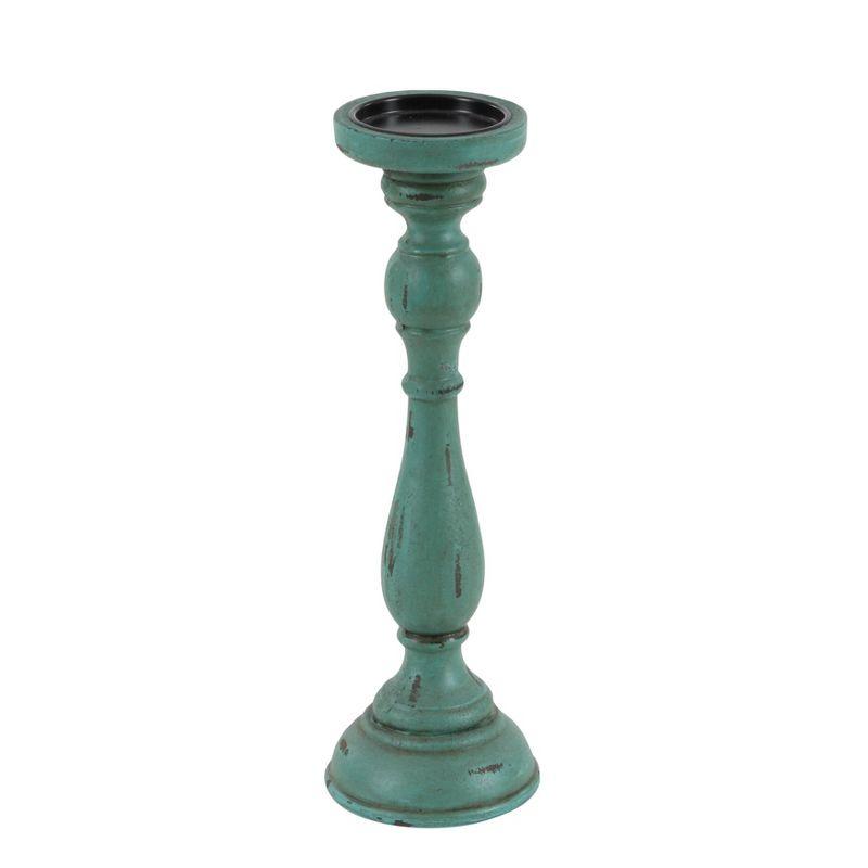 Teal Wood Fluted Pillar Candle Holders Set of 3