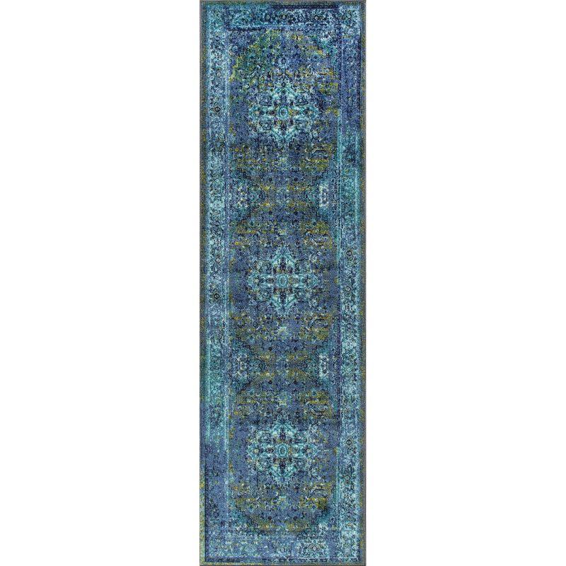 Vintage Blue Synthetic Persian Medallion Runner Rug