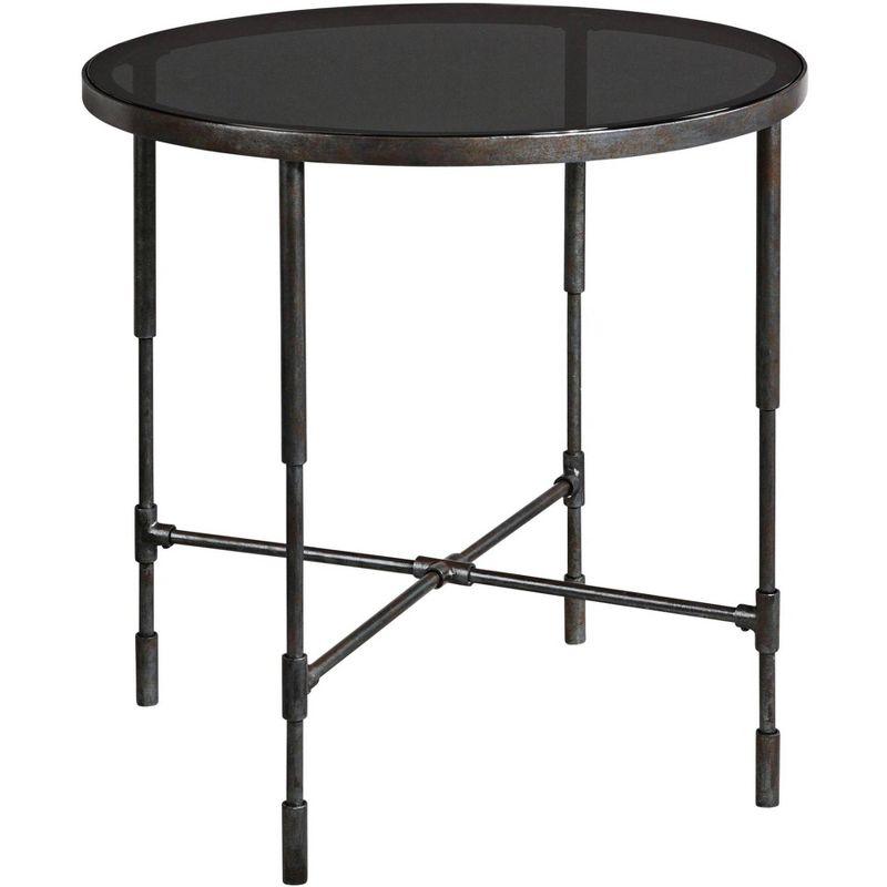 Contemporary Industrial Round Side Table with Smoked Glass Top
