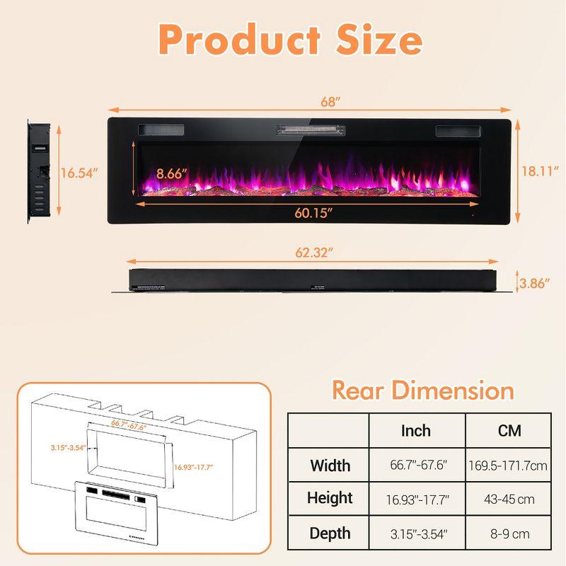 Costway 68'' Ultra-Thin Electric Fireplace Recessed Wall Mounted W/Crystal Log Decoration