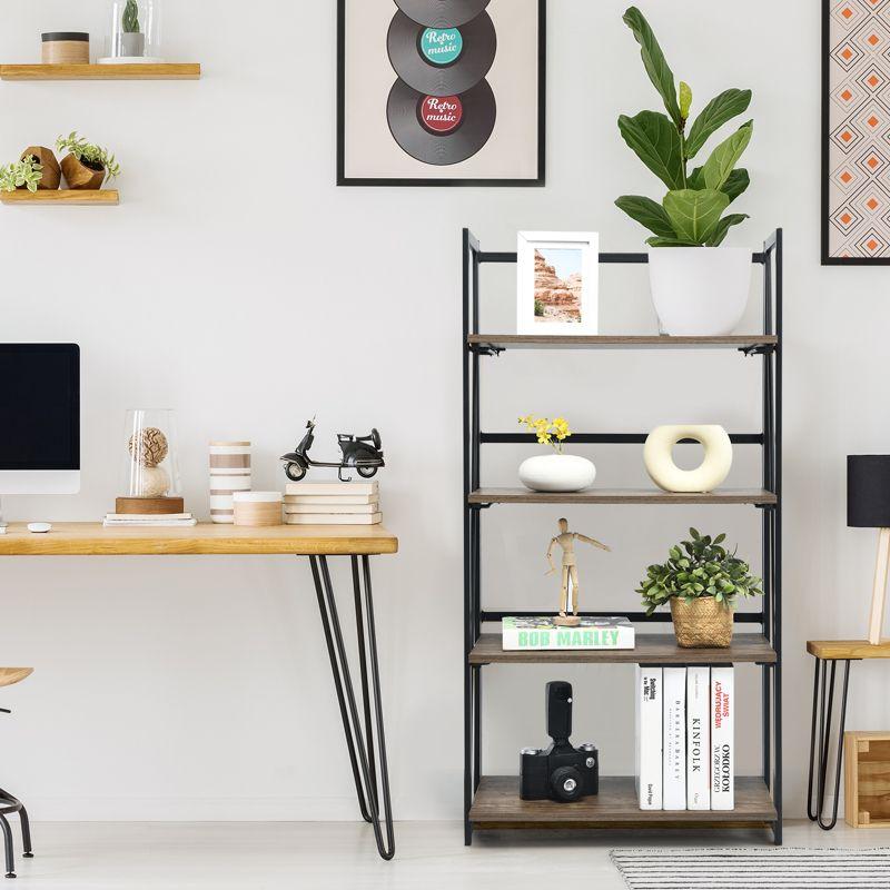 Rustic Brown 4-Tier Folding Industrial Bookshelf with Metal Frame