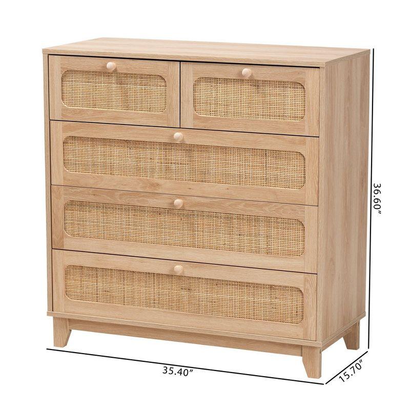 Elsbeth Wood and Natural Rattan 5 Drawer Storage Cabinet Oak Brown/Natural Brown - Baxton Studio