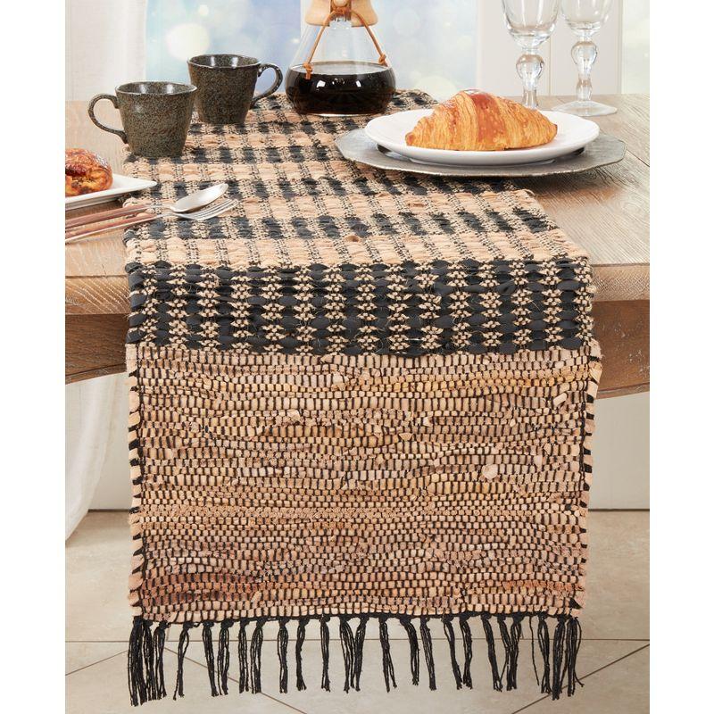 Saro Lifestyle Leather Striped Chindi Table Runner, 16"x72", Black