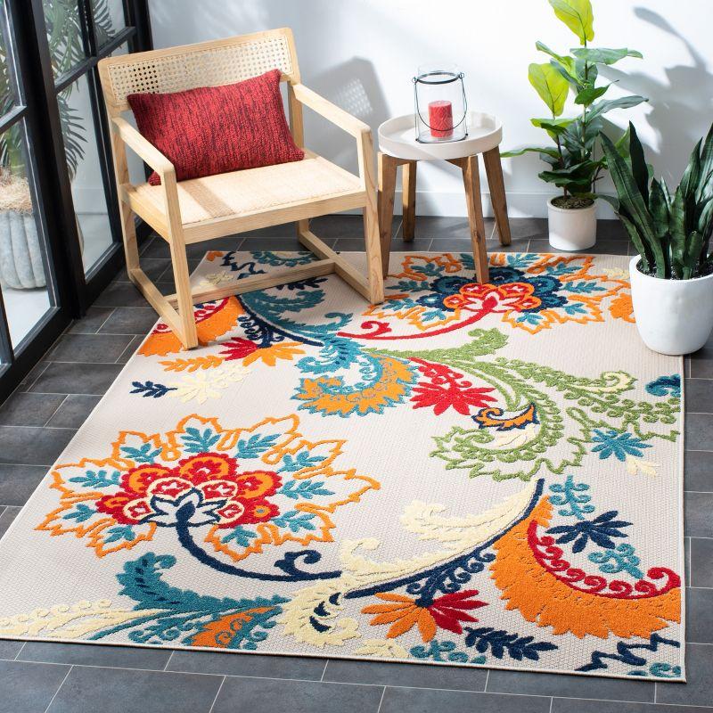 Ivory and Blue Floral Synthetic Easy-Care Rectangular Rug