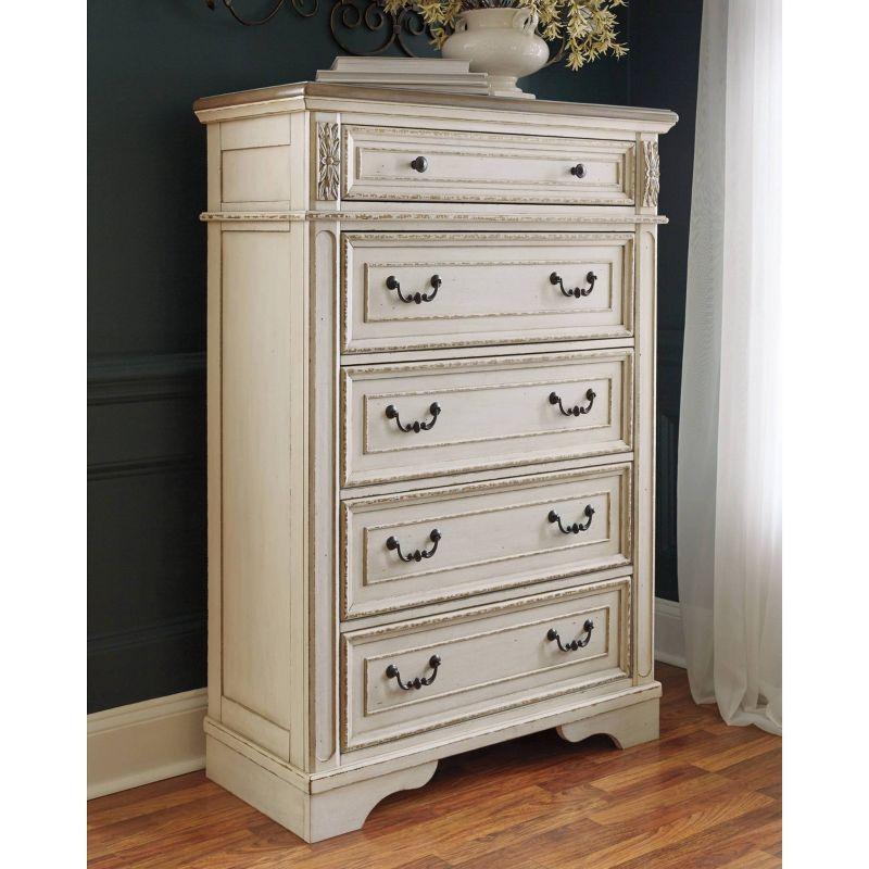 Charming Cottage White 5-Drawer Chest with Distressed Wood Top