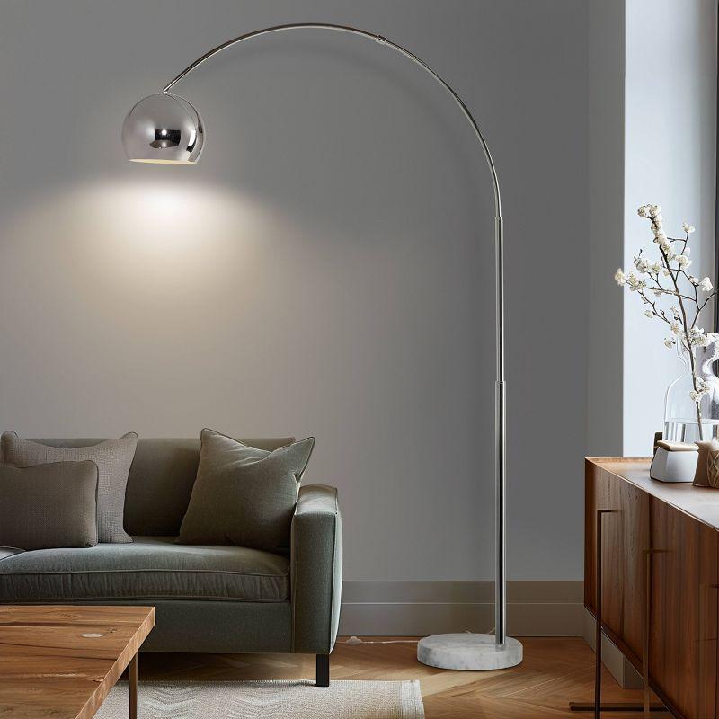 Brightech Olivia 75" Modern Industrial LED Arc Floor Lamp with Silver Chrome Finish, White Marble Base, and Metal Bowl Shade, Bulb Included