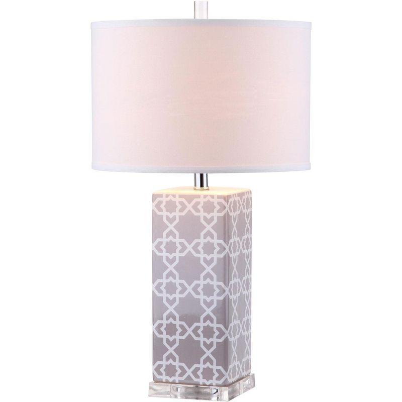 Quatrefoil Grey and White Ceramic Table Lamp Set with Cotton Shade