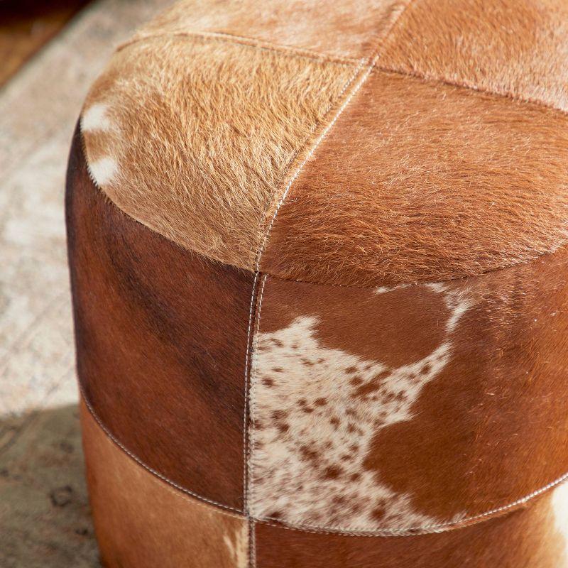 Olivia & May Wood and Leather Rustic Round Ottoman Brown: Contemporary Accent Stool, No Assembly Required