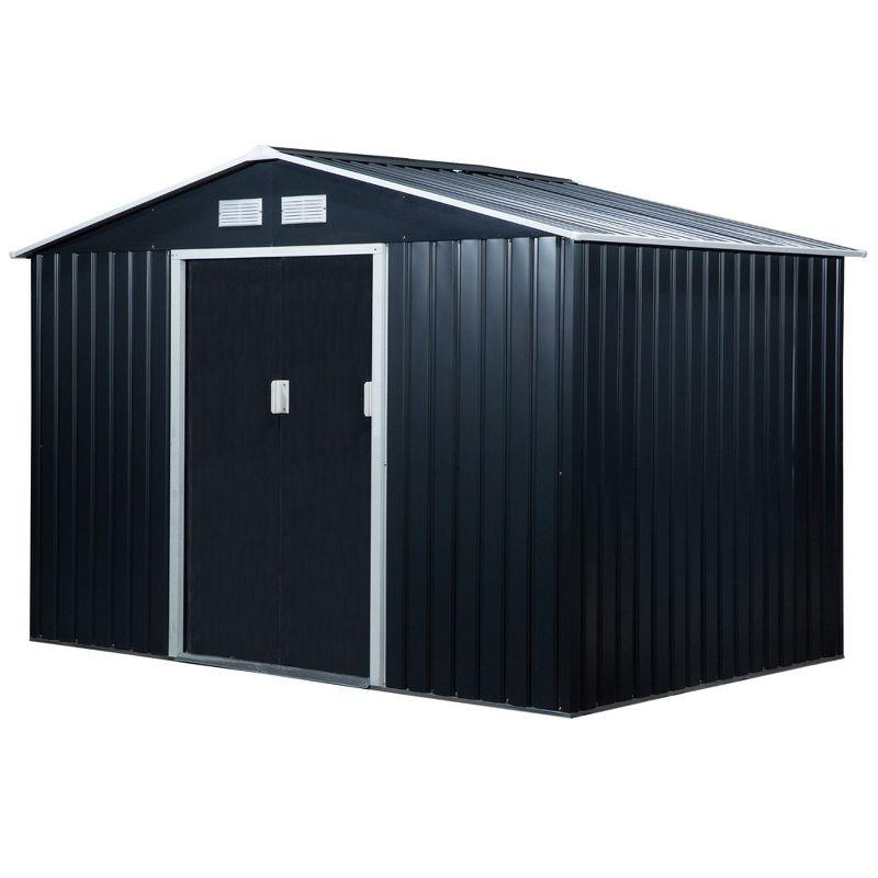 Outsunny 9' x 6' Metal Storage Shed Organizer, Garden Tool House with 4 Vents and 2 Sliding Doors for Backyard, Patio, Garage, Lawn, Dark Gray
