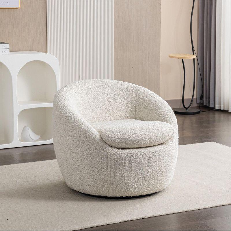 Winnie White Boucle Fabric Swivel Barrel Accent Chair