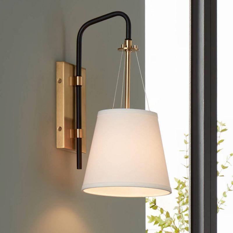 Possini Euro Design Mid Century Modern Wall Light Sconce Brass Black Hardwired 8" Fixture White Linen Shade for Bedroom Living Room