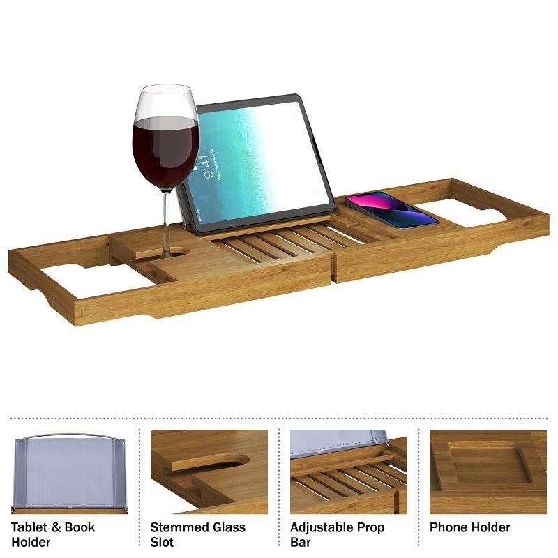 Natural Acacia Wood Extendable Bathtub Tray with Wine Holder