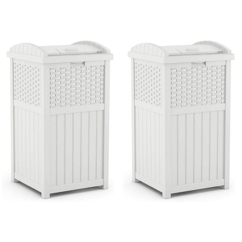 Suncast Wicker Resin Outdoor Hideaway Trash Can Bin with Latching Lid for Use in Backyard, Deck, or Patio, White (2 Pack)