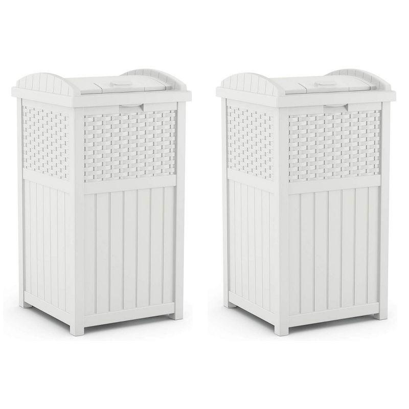 White Wicker Resin Outdoor Hideaway Trash Can Bin with Latching Lid, 33 Gallon, Set of 2