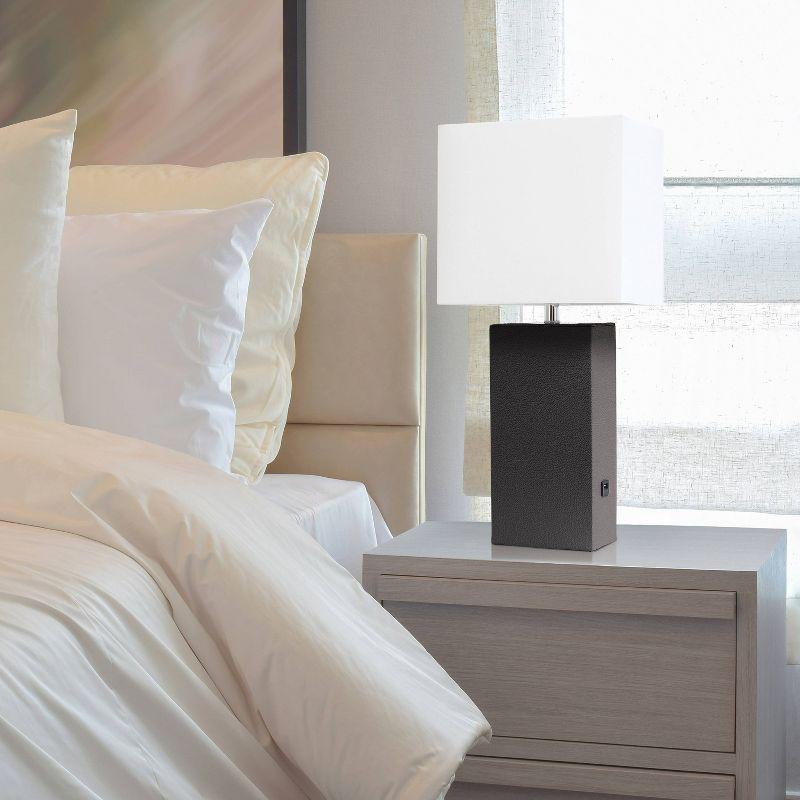 Modern Leather Table Lamp with USB and Fabric Shade - Elegant Designs