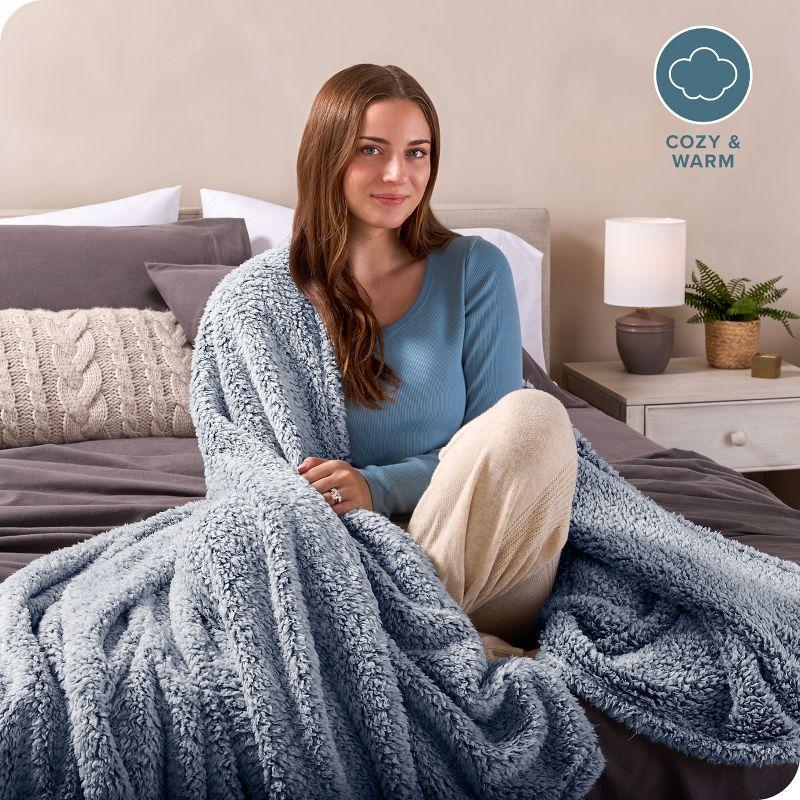 Dark Blue - Tipped Throw Cozy Faux Shearling Bed Blanket by Bare Home