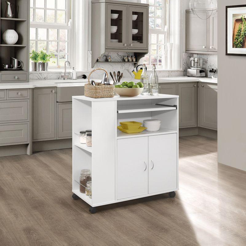 White Laminate Wood Kitchen Cart with Spice Rack and Storage