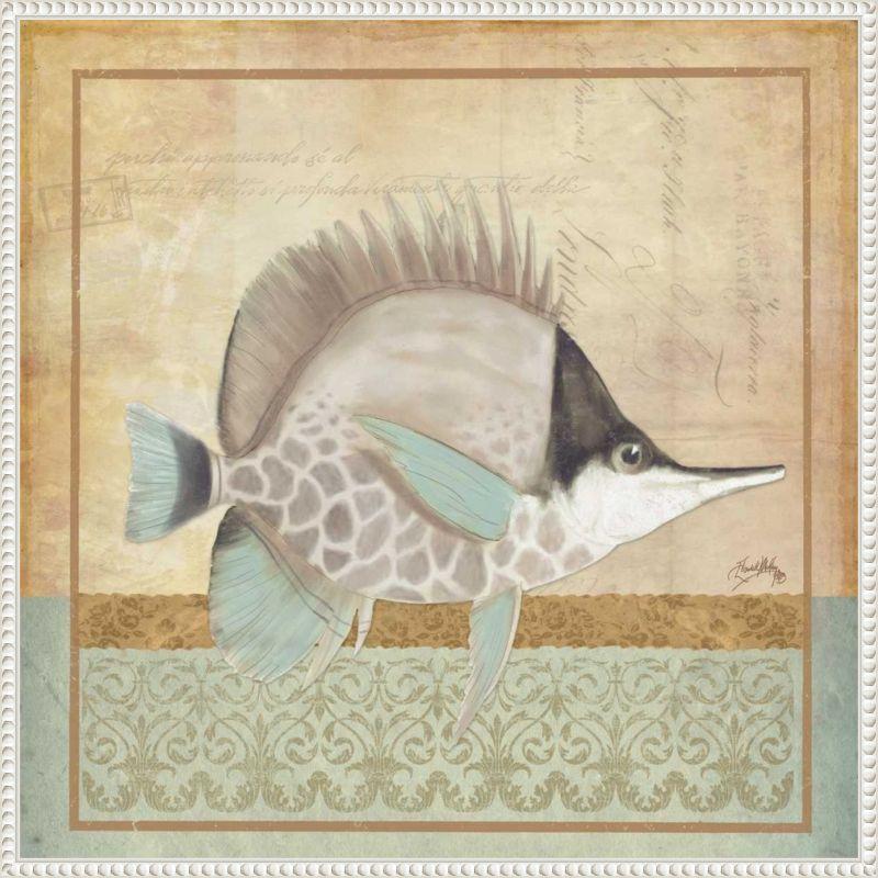 Vintage Fish IV Coastal Canvas Wall Art in White Frame