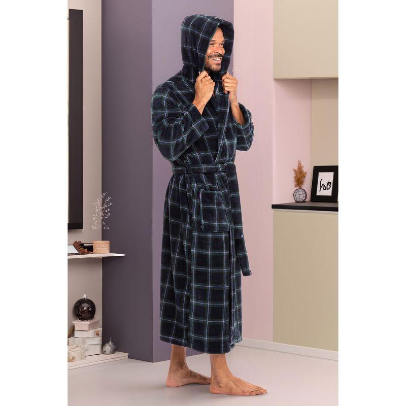 ADR Mens Robe, Plush Fleece Hooded Bathrobe Men, Men's Bathrobes, Big and Tall Bath Robe for Men Blue and Green Tartan Plaid 2XL