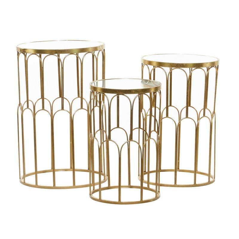 Gold Metal Round Accent Tables with Mirrored Tops, Set of 3