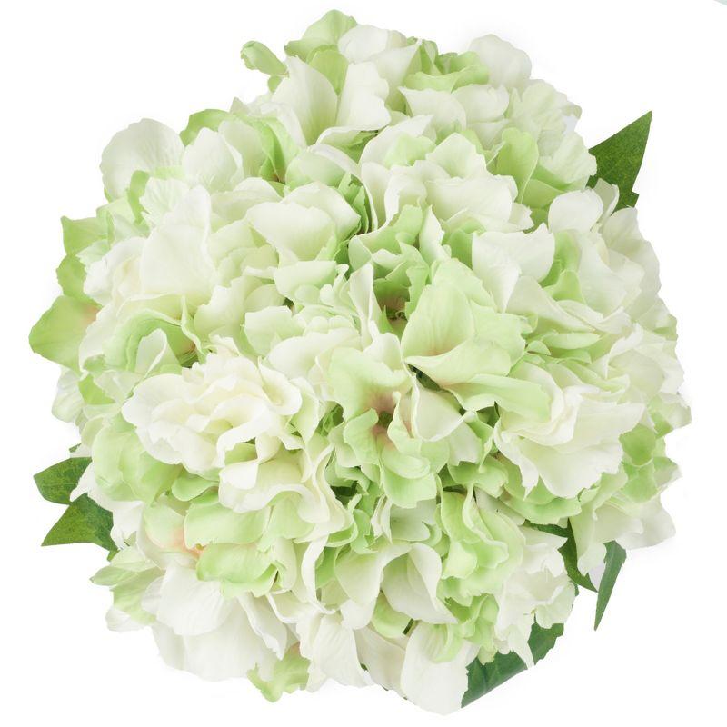 Hydrangea Floral Arrangement in Vase - 5-Count Artificial Flowers with Leaves in Faux Water-Filled Decorative Clear Glass Bowl by Pure Garden (Green)