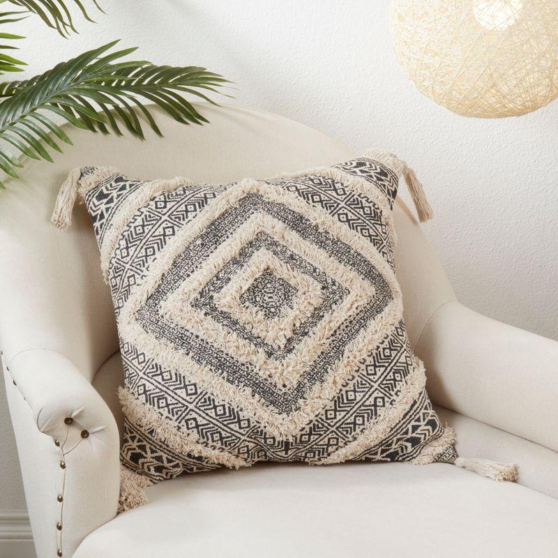 Tufted Diamond Block Print Black and Beige Cotton Pillow