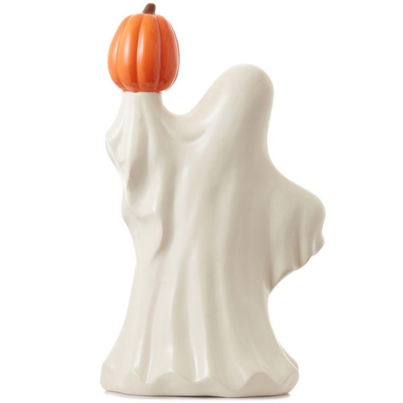 Pre-Lit Ceramic Halloween Ghost Holding Pumpkin Hand-Painted Decor