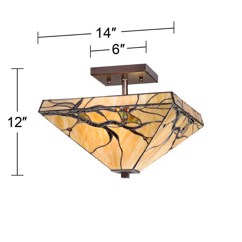 Robert Louis Tiffany Mission Rustic Ceiling Light Semi Flush Mount Fixture 14" Wide Bronze 2-Light Budding Branch Art Glass Shade for Bedroom Kitchen