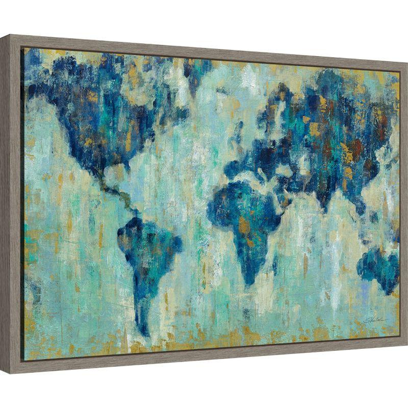 Impressionist Blue and Gold World Map Canvas Print with Gray Frame