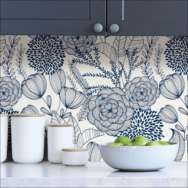 NuWallpaper Secret Garden Peel and Stick Wallpaper Navy: Removable Vinyl, Self-Adhesive, Smooth Finish, 28.2 Sq Ft Coverage