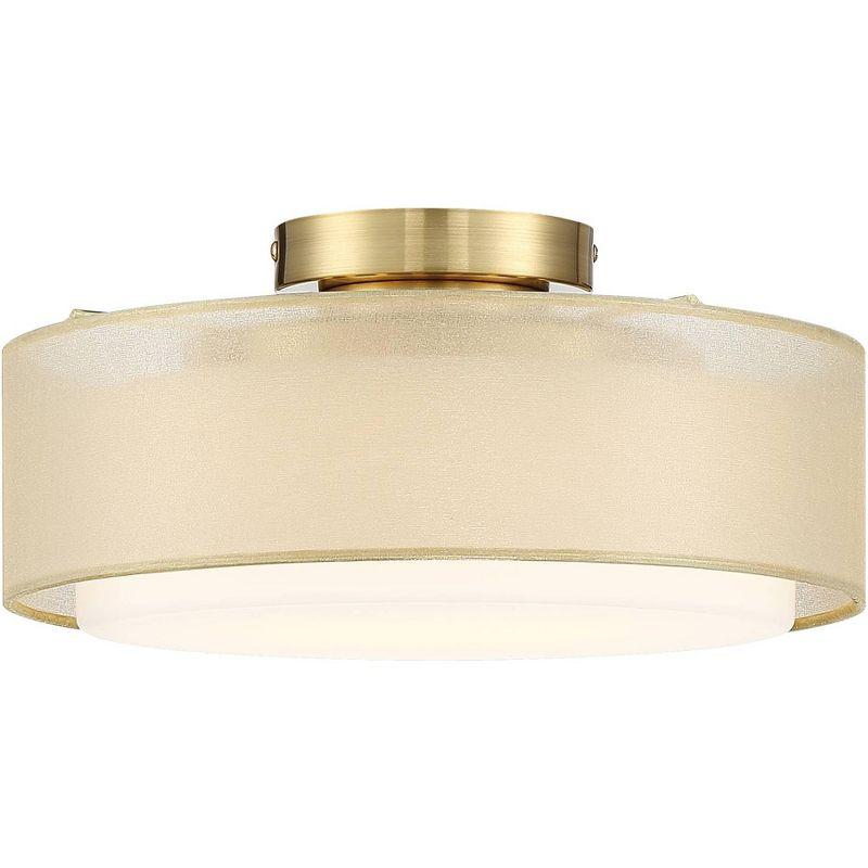 Elegant Gold Plated 16'' Drum Ceiling Light with Sheer Fabric & Opal Glass