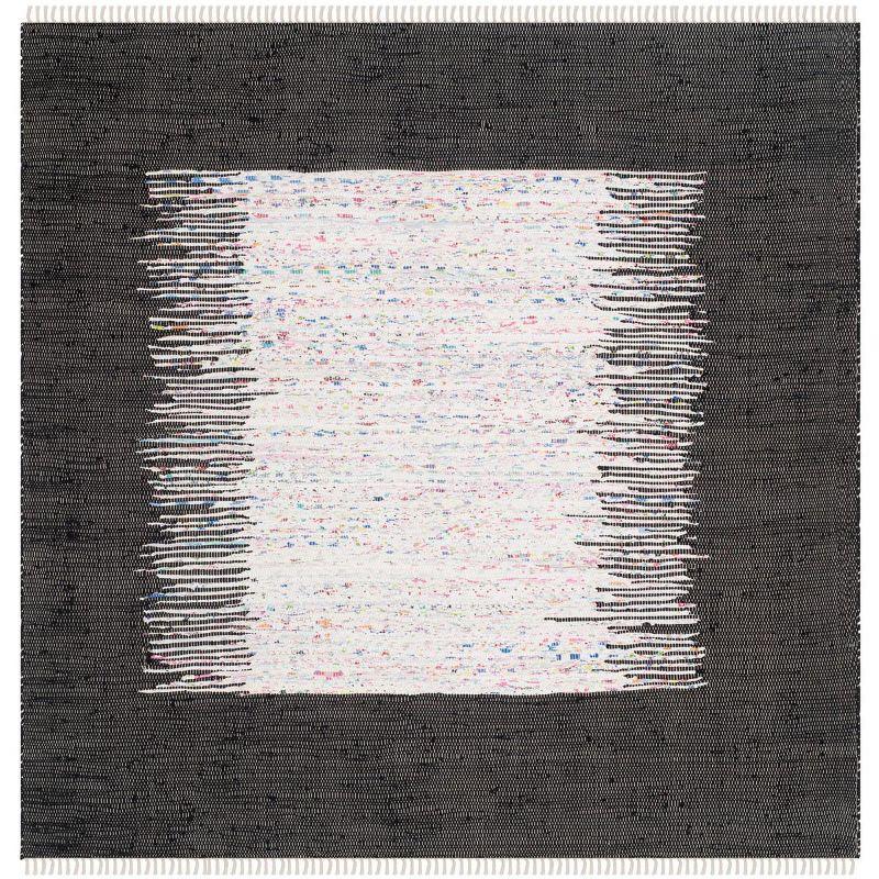 Ivory and Black Hand-Woven Cotton Abstract Square Rug - 6ft x 6ft