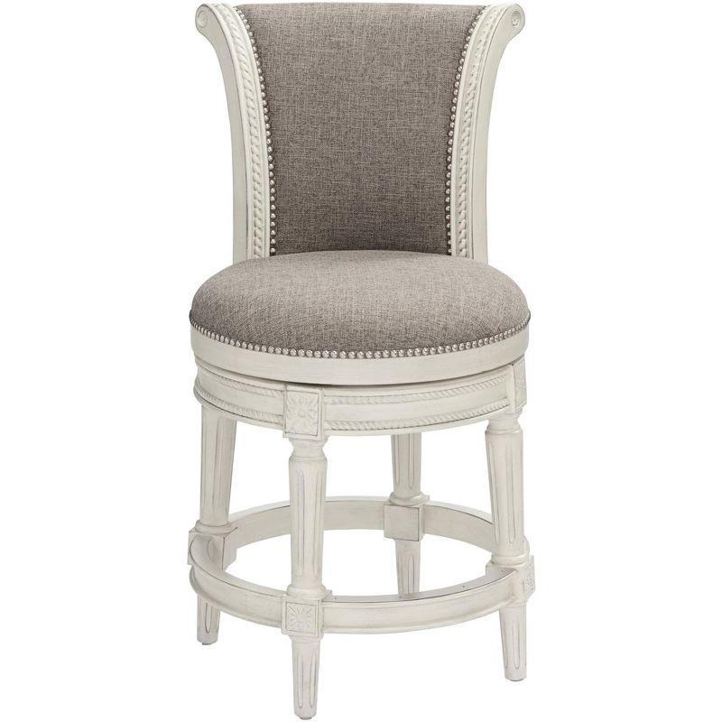 55 Downing Street Oliver Wood Swivel Bar Stool White 24 1/2" High Traditional Scroll Pewter Round Cushion with Backrest Footrest for Kitchen Counter