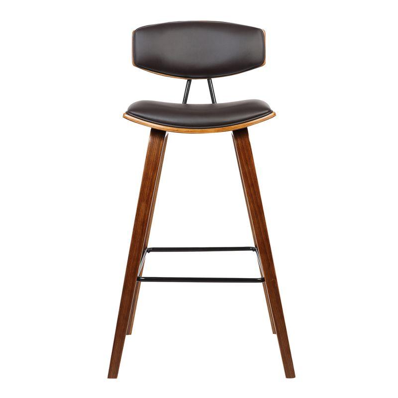 Armen Living 26" Fox Mid-Century Counter Height Barstool in Brown Faux Leather with Walnut Wood: Upholstered Square Seat, Padded Back