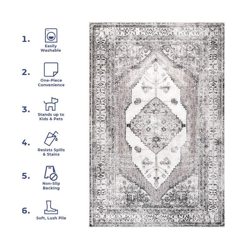 Nuloom Gladys Pet Friendly Machine Washable Vintage Medallion Area Rug, 4' x 6', Light Grey