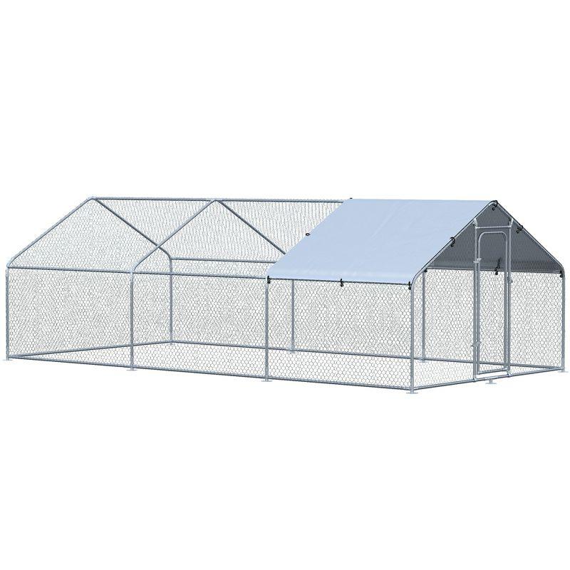PawHut Galvanized Large Metal Chicken Coop Cage, 3 Room Walk-in Enclosure, Poultry Hen House with UV & Water Resistant Cover, 10' x 19.7' x 6.4'