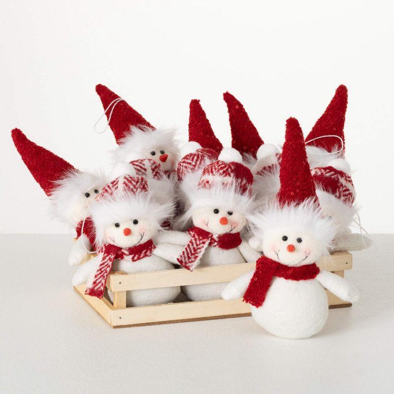 8.25" Multicolor Plush Snowman Ornament Set in Wooden Crate