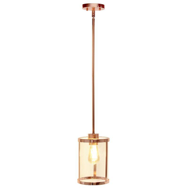 1-Light 9.25" Modern Farmhouse Adjustable Hanging Cylindrical Clear Glass Pendant Fixture with Metal Accent Rose Gold - Lalia Home