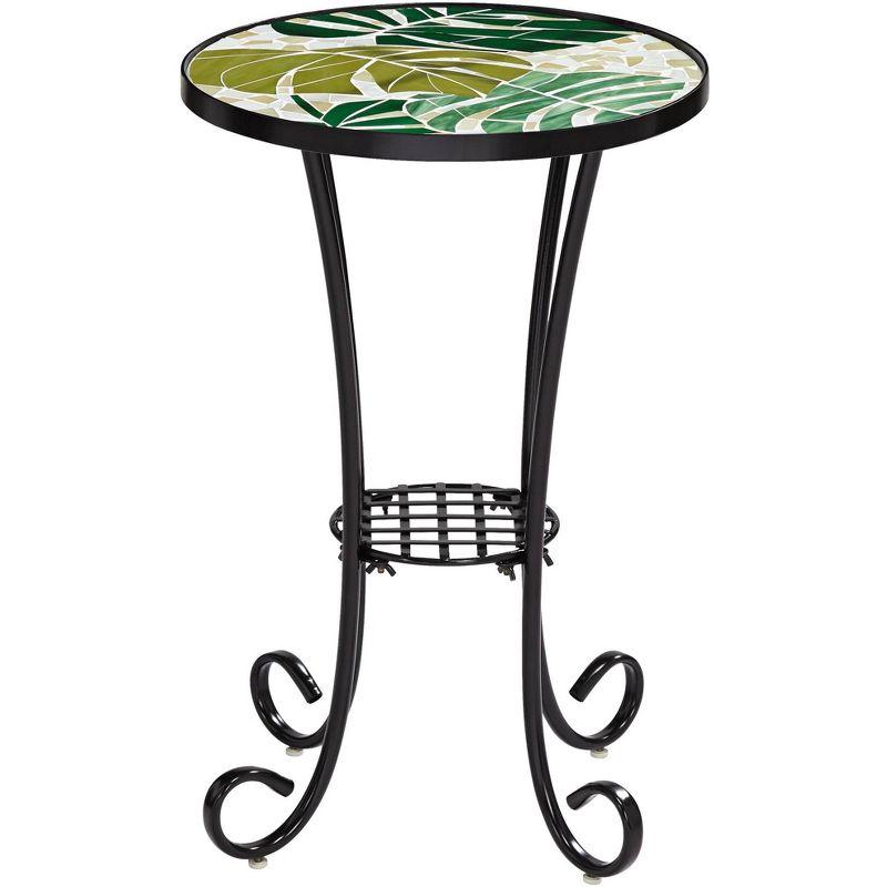 Teal Island Designs Modern Black Metal Round Outdoor Accent Side Table 14" Wide Green Leaf Mosaic Tabletop for Front Porch Patio Home House