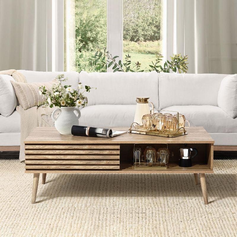 LuxenHome Mid-Century Modern Rectangular Coffee Table with Storage and Solid Wood Legs Brown