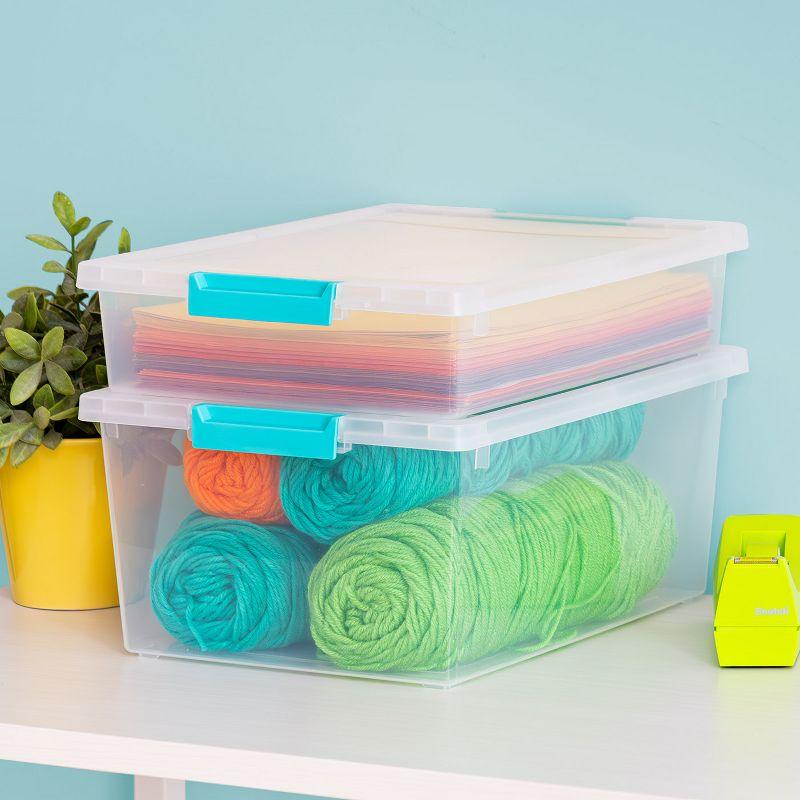 IRIS USA 12 Qt. Large Deep Clip Box, 4 Pack, Clear Plastic Storage Container Bins with Latching Lids, Seafoam Blue Buckles