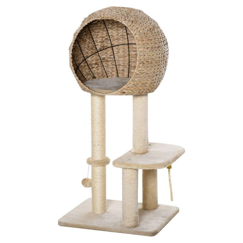 PawHut Cat Tree with Sisal Scratching Post Condo and Hanging Rope 44.5" H, Beige