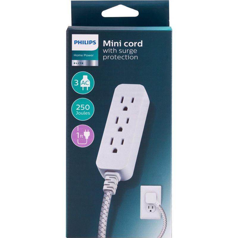 Philips 3-Outlet Surge Protector with 1 Ft. Extension Cord, Gray and White