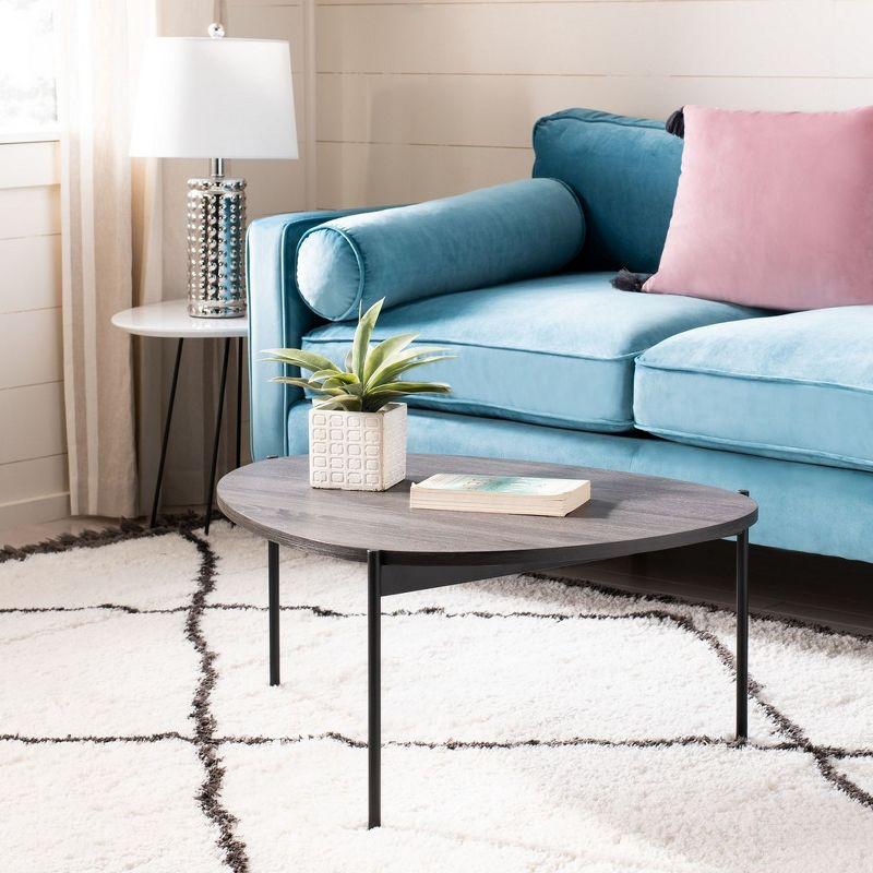 Transitional Oval Coffee Table in Dark Grey Oak with Black Iron Legs